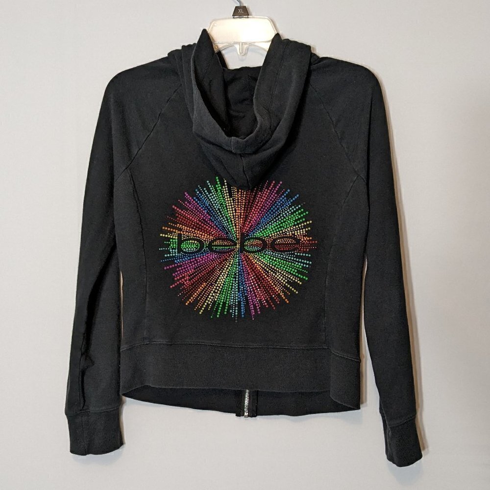 GIRL'S "BEBE" Black Hooded Fleece Jacket w Circle of Colored Beads; Size M